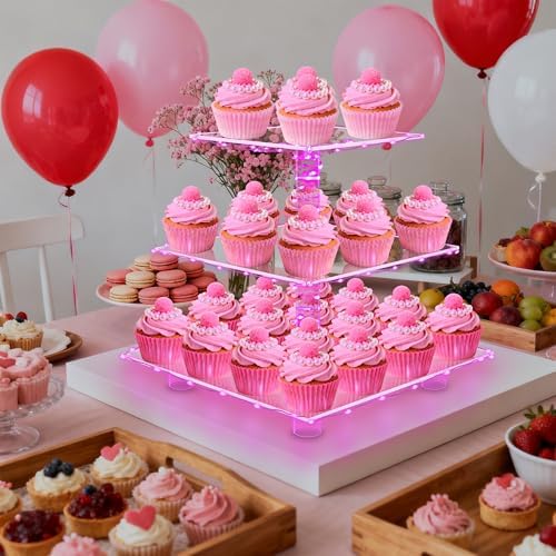 3 Tier Cupcake Stand with Pink Light, Cupcake Tower for 24 Cupcakes in Pink, alternate view 2