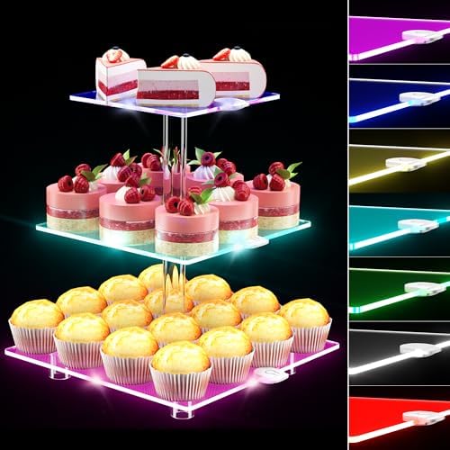3 Tier Cupcake Stand with Rechargeable Light, LED Acrylic Cupcake Tower in clear