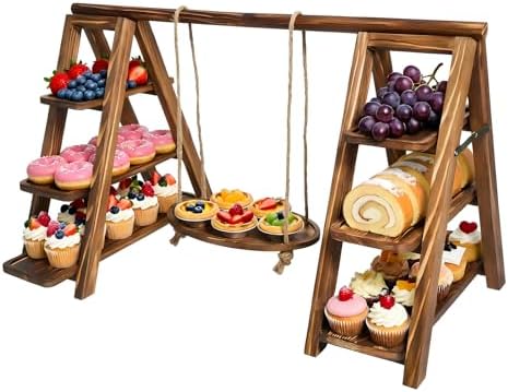 3 Tier Cupcake Stand with Swing, Wooden Cupcake Stand, Swing Cupcake Stand with Removable Serving Platter and