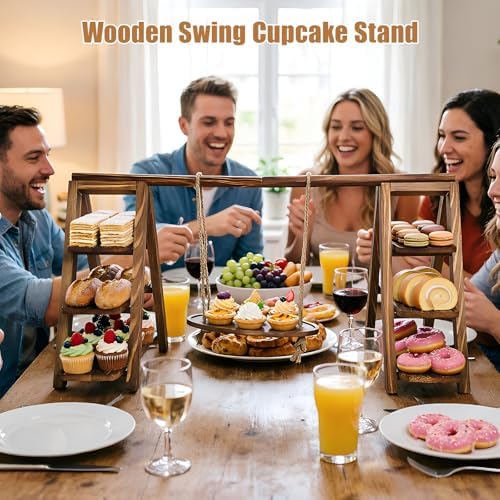 3 Tier Cupcake Stand with Swing, Wooden Cupcake Stand, Swing Cupcake Stand with Removable Serving Platter and, alternate view