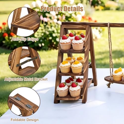 3 Tier Cupcake Stand with Swing, Wooden Cupcake Stand, Swing Cupcake Stand with Removable Serving Platter and, alternate view