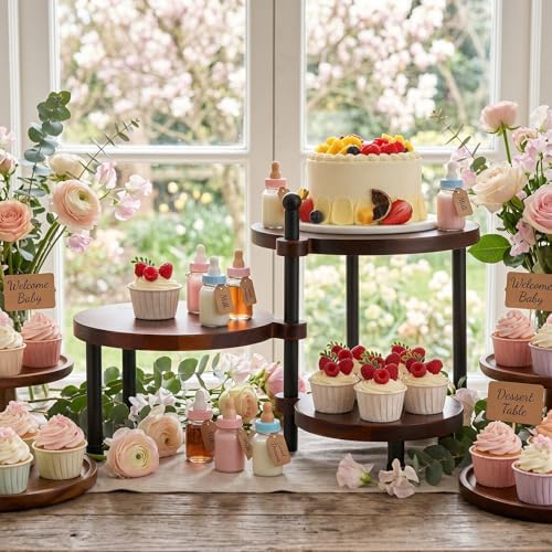 3 Tier Cupcake Stand Wood Cake Stand 360° Rotating Acacia Wood Dessert Table Display Set with Iron Base Rustic, alternate