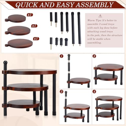 3 Tier Cupcake Stand Wood Cake Stand 360° Rotating Acacia Wood Dessert Table Display Set with Iron Base Rustic, alternate