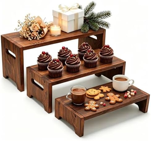 3 Tier Cupcake Stand & Wood Display Risers, for Food Desserts Stand Perfume Organizer Funko POP Collections, alternate view 5