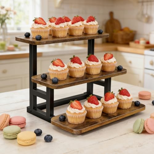 3 Tier Cupcake Stand, Wooden Risers Display Stands Stepped Dessert Table Display Set with Metal Frame Tiered, alternate view