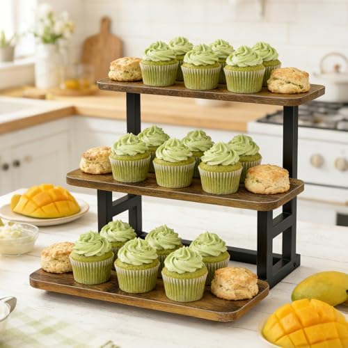 3 Tier Cupcake Stand, Wooden Risers Display Stands Stepped Dessert Table Display Set with Metal Frame Tiered, alternate view