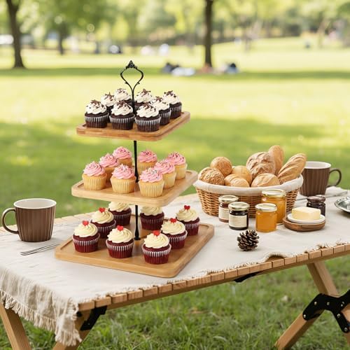 3 Tier Cupcake Stand Wooden Rustic Tiered Serving Tray Square in Wood, alternate view 2