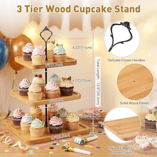 3 Tier Cupcake Stand Wooden Rustic Tiered Serving Tray Square in Wood, alternate view 3