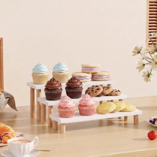3 Tier Cupcake Stand, Wooden White Riser for Dessert, Perfume & Funko Pop in White, alternate view 4