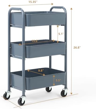 3-Tier Delicate Compact Rolling Metal Storage Organizer - Mobile Utility Cart Kitchen/Under Desk Cart with, alternate view 3