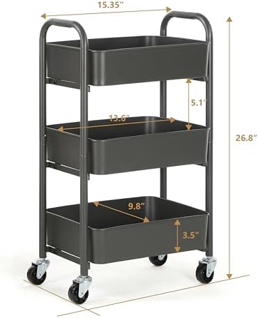 3-Tier Delicate Compact Rolling Metal Storage Organizer - Mobile Utility Cart Kitchen/Under Desk Cart with, alternate view 3