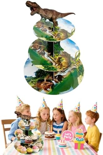 3 Tier Dinosaur Cupcake Stand, Dino Cupcake Stand Cardboard - Easy to Assemble& Reusable(Dinosaur) in Dinosaur