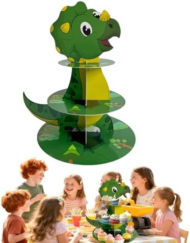 3 Tier Dinosaur Cupcake Stand, Dino Cupcake Stand Cardboard - Easy to Assemble& Reusable(2Dinosaur) in 2dinosaur