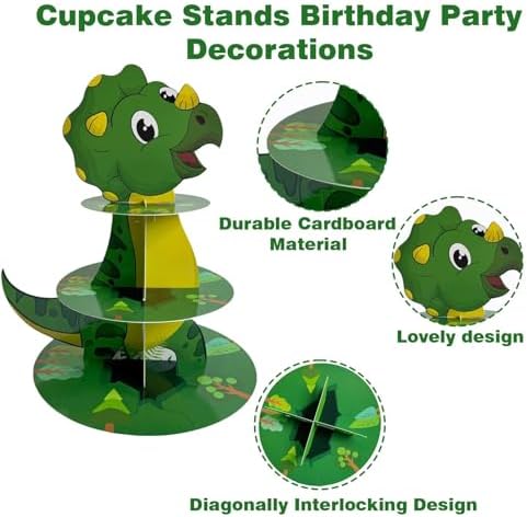 3 Tier Dinosaur Cupcake Stand, Dino Cupcake Stand Cardboard - Easy to Assemble& Reusable(2Dinosaur) in 2dinosaur, alternate