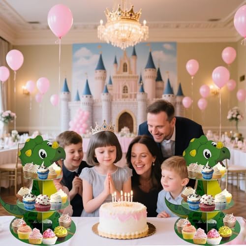 3 Tier Dinosaur Cupcake Stand, Dino Cupcake Stand Cardboard - Easy to Assemble& Reusable(2Dinosaur) in 2dinosaur, alternate