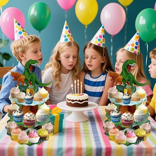 3 Tier Dinosaur Cupcake Stand, Dino Cupcake Stand Cardboard - Easy to Assemble& Reusable(1Dinosaur) in 1dinosaur, alternate
