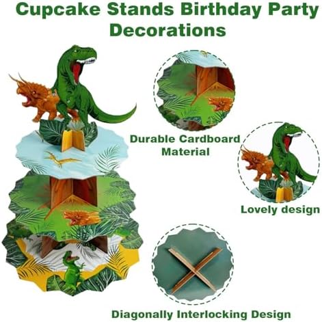 3 Tier Dinosaur Cupcake Stand, Dino Cupcake Stand Cardboard - Easy to Assemble& Reusable(1Dinosaur) in 1dinosaur, alternate