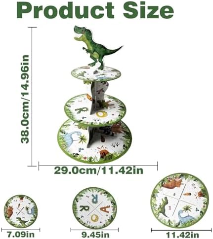 3 Tier Dinosaur Cupcake Stand, Dino Cupcake Stand Cardboard - Easy to Assemble& Reusable(10Dinosaur) in, alternate view 3