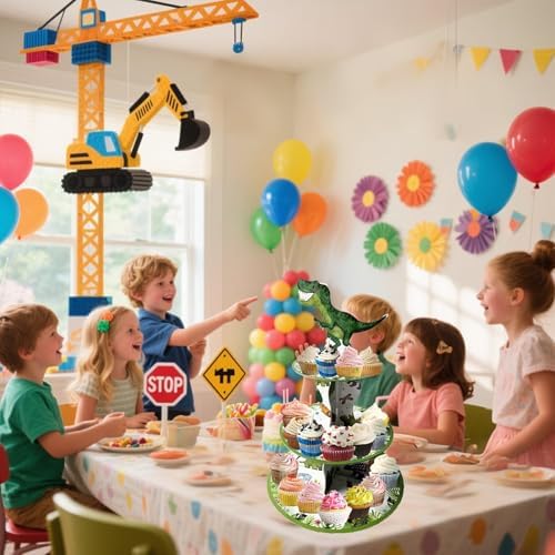 3 Tier Dinosaur Cupcake Stand, Dino Cupcake Stand Cardboard - Easy to Assemble& Reusable(10Dinosaur) in, alternate view 4