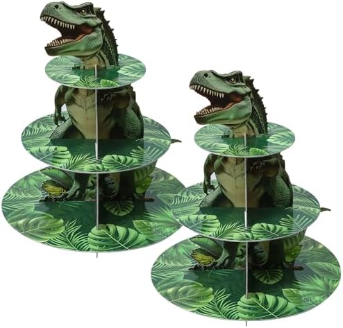 3-Tier Dinosaur Cupcake Stand, Round Cardboard Cupcake Tower, Dinosaur Theme Dessert Cup Cake Stand Tower for
