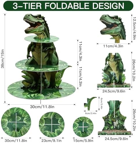3-Tier Dinosaur Cupcake Stand, Round Cardboard Cupcake Tower, Dinosaur Theme Dessert Cup Cake Stand Tower for, alternate view