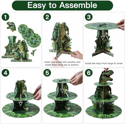 3-Tier Dinosaur Cupcake Stand, Round Cardboard Cupcake Tower, Dinosaur Theme Dessert Cup Cake Stand Tower for, alternate view