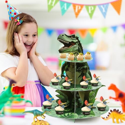 3-Tier Dinosaur Cupcake Stand, Round Cardboard Cupcake Tower, Dinosaur Theme Dessert Cup Cake Stand Tower for, alternate view
