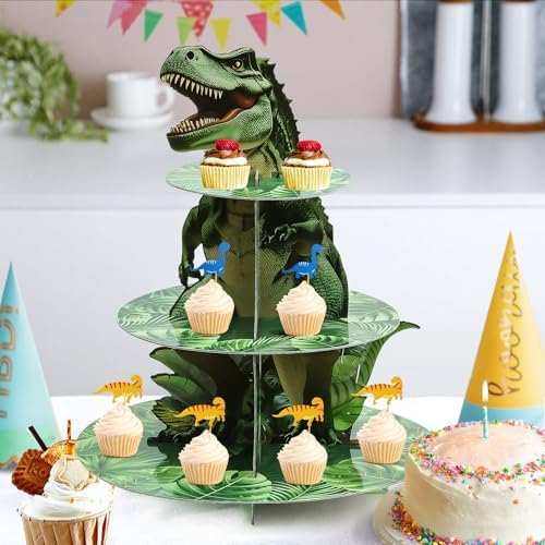 3-Tier Dinosaur Cupcake Stand, Round Cardboard Cupcake Tower, Dinosaur Theme Dessert Cup Cake Stand Tower for, alternate view