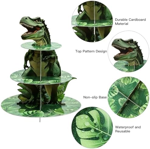 3-Tier Dinosaur Cupcake Stand, Round Cardboard Cupcake Tower, Dinosaur Theme Dessert Cup Cake Stand Tower for, alternate view