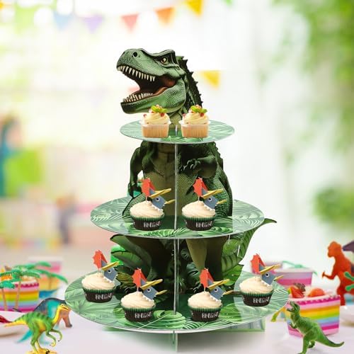 3-Tier Dinosaur Cupcake Stand, Round Cardboard Cupcake Tower, Dinosaur Theme Dessert Cup Cake Stand Tower for, alternate view