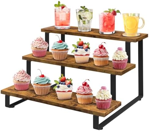 3 Tier Display Shelf, Portable Wood Retail Cupcake Dessert Stand in Brown