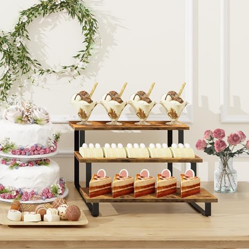 3 Tier Display Shelf, Portable Wood Retail Cupcake Dessert Stand in Brown, alternate view 3