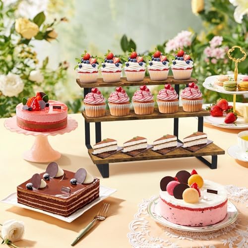 3 Tier Display Shelf, Portable Wood Retail Cupcake Dessert Stand in Brown, alternate view 5