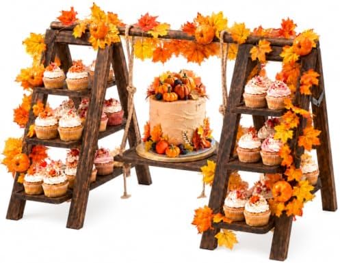 3 Tier Fall Wooden Cupcake Stand with Maple Vines and Swing in Distressed Brown