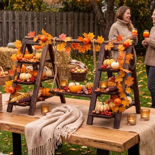 3 Tier Fall Wooden Cupcake Stand with Maple Vines and Swing in Distressed Brown, alternate view 2