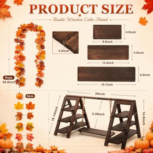 3 Tier Fall Wooden Cupcake Stand with Maple Vines and Swing in Distressed Brown, alternate view 3
