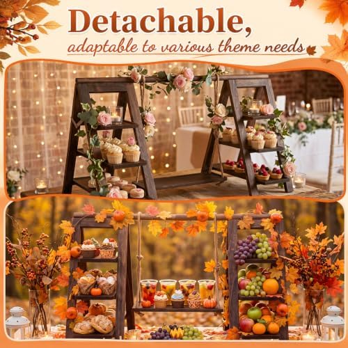 3 Tier Fall Wooden Cupcake Stand with Maple Vines and Swing in Distressed Brown, alternate view 4
