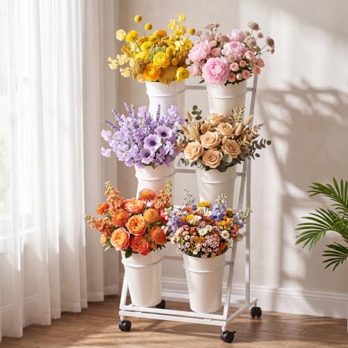 3 Tier Flower Display Stand with 6 Buckets Rolling Floral Display Stand on Wheels White Metal Flower Bar Rack, alternate view
