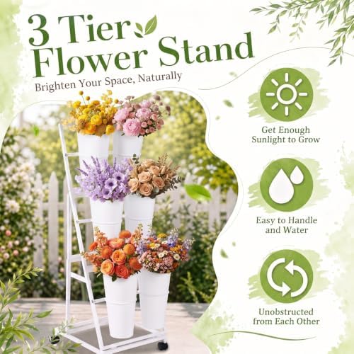3 Tier Flower Display Stand with 6 Buckets Rolling Floral Display Stand on Wheels White Metal Flower Bar Rack, alternate view