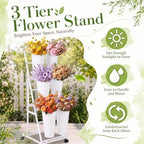 3 Tier Flower Display Stand with 6 Buckets Rolling Floral Display Stand on Wheels White Metal Flower Bar Rack, alternate view