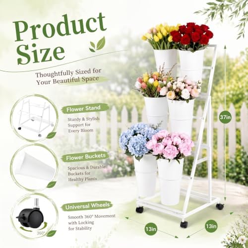 3 Tier Flower Display Stand with 6 Buckets Rolling Floral Display Stand on Wheels White Metal Flower Bar Rack, alternate view