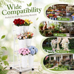 3 Tier Flower Display Stand with 6 Buckets Rolling Floral Display Stand on Wheels White Metal Flower Bar Rack, alternate view