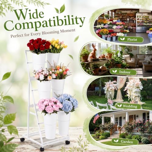 3 Tier Flower Display Stand with 6 Buckets Rolling Floral Display Stand on Wheels White Metal Flower Bar Rack, alternate view