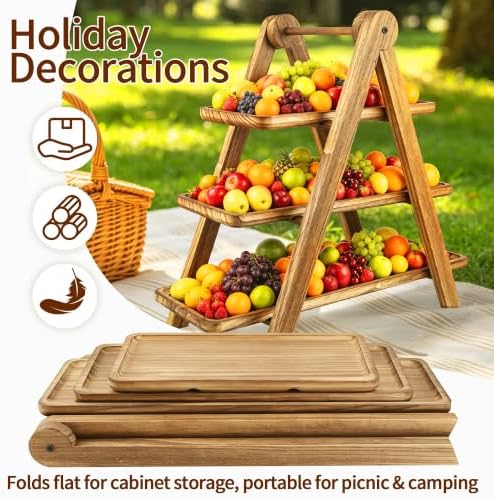 3 Tier Foldable A-Frame Wood Serving Tray, Rustic Farmhouse Tiered Display Stand for Charcuterie, Cheese, alternate view 4