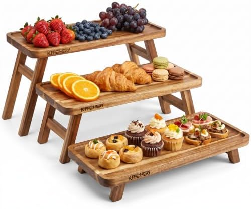 3 Tier Foldable Serving Tray, Acacia Wood Tiered Serving Stand for Parties, Lightweight Wooden Dessert Table