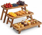 3 Tier Foldable Serving Tray, Acacia Wood Tiered Serving Stand for Parties, Lightweight Wooden Dessert Table