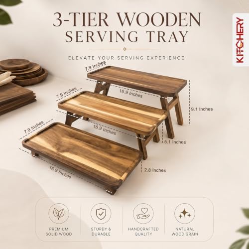 3 Tier Foldable Serving Tray, Acacia Wood Tiered Serving Stand for Parties, Lightweight Wooden Dessert Table, alternate view