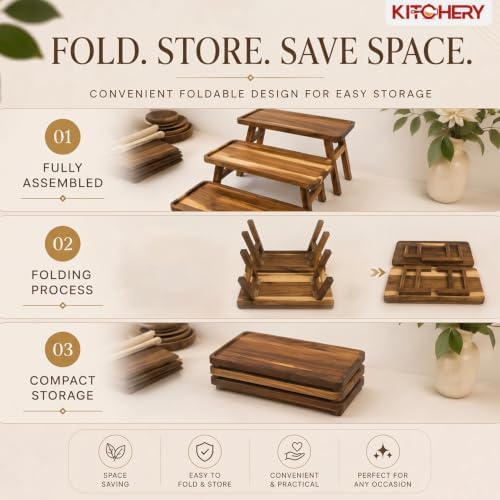 3 Tier Foldable Serving Tray, Acacia Wood Tiered Serving Stand for Parties, Lightweight Wooden Dessert Table, alternate view
