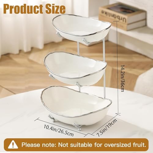 3 Tier Fruit Basket, Ceramic Fruit Bowl for Kitchen Counter 1 in Small in Silver-rimmed, alternate view 3