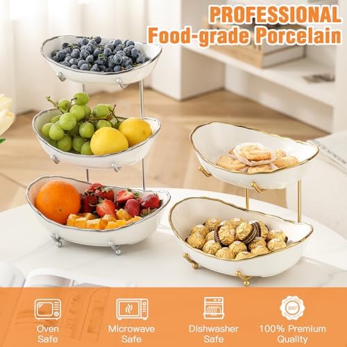 3 Tier Fruit Basket, Ceramic Fruit Bowl for Kitchen Counter 1 in Small in Silver-rimmed, alternate view 4